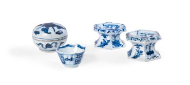 TWO CHINESE BLUE AND WHITE SALTS, KANGXI, A CHINESE BLUE AND WHITE BOX AND COVER