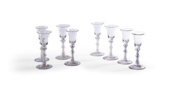 A COLLECTION OF EIGHT OPAQUE TWIST WINE GLASSES, MID 18TH CENTURY