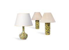 A PAIR OF ASIAN PORCELAIN YELLOW GROUND CYLINDRICAL VASES, MODERN