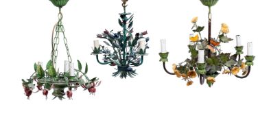 A SET OF THREE TOLE PEINTE FLORAL CHANDELIERS, CONTINENTAL