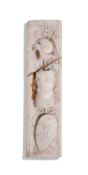 A CARVED ALABASTER SECTION WITH MARTIAL DECORATION, ITALIAN