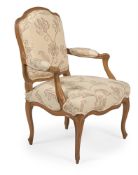 A BEECH AND UPHOLSTERED FAUTEUIL, FRENCH, 18TH CENTURY