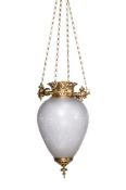 A GILT METAL MOUNTED ETCHED GLASS PENDANT LIGHT, IN VICTORIAN STYLE, FIRST HALF 20TH CENTURY