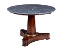 A CHARLES X OR LOUIS-PHILIPPE MAHOGANY, GILT-METAL MOUNTED AND MARBLE TABLE, 19TH CENTURY