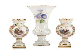A PAIR OF MEISSEN FLOWER-ENCRUSTED URNS, LATE 19TH CENTURY, TOGETHER WITH A TRUMPET VASE