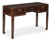 A CHINESE YUMU (ELM) THREE DRAWER SIDE TABLE, PROBABLY LATE 19TH CENTURY