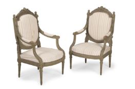A PAIR OF PAINTED AND UPHOLSTERED FAUTEUILS, J.CADIO, FRENCH, LAST QUARTER 19TH CENTURY