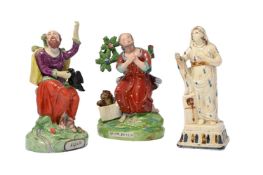 THREE VARIOUS STAFFORDSHIRE POTTERY FIGURES, VARIOUS DATES LATE 18TH OR EARLY 19TH CENTURY