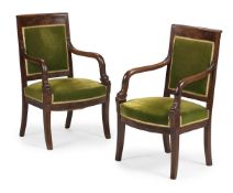 A PAIR OF LOUIS-PHILIPPE MAHOGANY GREEN VELVET UPHOLSTERED OPEN ARM CHAIRS, CIRCA 1830
