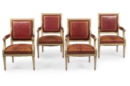 A SET OF FOUR PAINTED AND PARCEL GILT FAUTEUIL, IN LOUIS XVI STYLE, FIRST HALF 20TH CENTURY