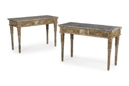 A PAIR OF PAINTED, GILTWOOD AND SIMULATED MARBLE CONSOLE TABLES, ITALIAN, OF RECENT MANUFACTURE