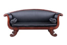 A WILLIAM IV OR EARLY VICTORIAN MAHOGANY AND BLACK FABRIC UPHOLSTERED SCROLL-ARM SOFA, CIRCA 1840