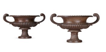 A PAIR OF CAST IRON TWIN HANDLED URNS, 19TH CENTURY