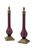 A PAIR OF AMETHYST GLASS AND BRASS BALUSTER TABLE LAMPS, 20TH CENTURY