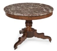 A CONTINENTAL MAHOGANY AND MARBLE TOPPED PEDESTAL CENTRE TABLE, CIRCA 1830