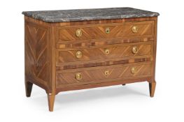 A FRUITWOOD AND PARQUETRY MARBLE TOPPED COMMODE, FRENCH, 19TH CENTURY
