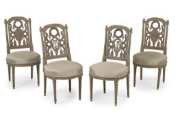 A SET OF FOUR GREY PAINTED SALON CHAIRS, J.CADIO, FRENCH, LAST QUARTER 19TH CENTURY