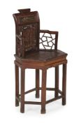 A CHINESE YUMU ELM CORNER ARMCHAIR, QING DYNASTY, SECOND HALF 19TH CENTURY