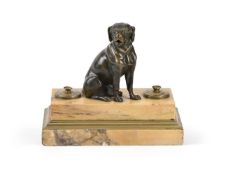 A BRONZE AND MARBLE INKSTAND WITH A SEATED HOUND, FRENCH OR ITALIAN, 19TH CENTURY