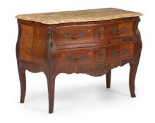 Y A ROSEWOOD, TULIPWOOD, MARQUETRY AND MARBLE TOPPED BOMBE COMMODE, FRENCH, 20TH CENTURY