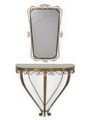 A GLASS TOPPED GILT BRASS CONSOLE TABLE AND ACCOMPANYING MIRROR, 20TH CENTURY OR LATER
