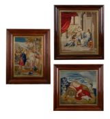 Y THREE VICTORIAN ROSEWOOD AND SIMULATED ROSEWOOD FRAMED BERLIN WOOLWORKS PICTURES, MID 19TH CENTURY