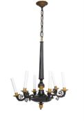 A GILT METAL MOUNTED BRONZE SIX LIGHT CHANDELIER, FRENCH OR ITALIAN, 19TH CENTURY