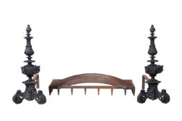 A PAIR OF LARGE NEO CLASSICAL PATINATED BRONZE AND CAST IRON ANDIRONS AND DOG GRATE, 19TH CENTURY
