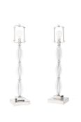 A PAIR OF GLASS AND SILVER PLATED TABLE LAMPS, OF RECENT MANUFACTURE