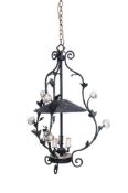 A TOLE PEINTE HANGING WROUGHT IRON HARP LIGHT OR CHANDELIER, FRENCH, FIRST HALF 20TH CENTURY