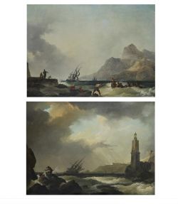 PHILIP JAMES DE LOUTHERBOURG (FRENCH 1740-1812), SHIPPING AT SEA WITH FIGURES AND LIGHTHOUSE