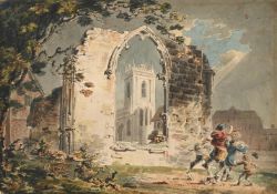 JOSEPH MALLORD WILLIAM TURNER (BRITISH 1775-1851), TRAVELLERS PASSING A RUINED ABBEY