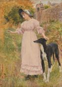 LIONEL PERCY SMYTHE (BRITISH 1839-1918), GIRL WITH A GREYHOUND OUTSIDE A CHATEAU