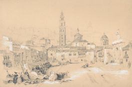 CIRCLE OF DAVID ROBERTS (SCOTTISH 1796-1864), GREAT SQUARE AND MARKETPLACE AT CARMONA