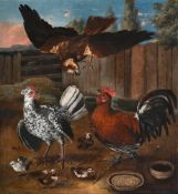 TRAJAN HUGHES (BRITISH 1670 - ?)BUZZARD ATTACKING POULTRY IN A FARMYARDOil on canvasSigned (lower