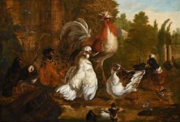 PIETER CASTEELS III (FLEMISH 1684-1749), BANTAMS, DUCKS AND PIGEON IN THE GARDEN