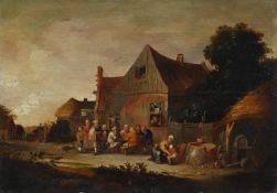 CIRCLE OF CORNELIS MAHU (FLEMISH 1613-1689), A HURDY-GURDY PLAYER PERFORMING OUTSIDE A TAVERN