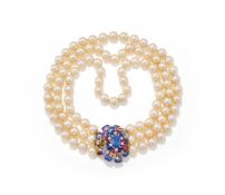 A SAPPHIRE, COLOURED SAPPHIRE, DIAMOND AND CULTURED PEARL NECKLACE