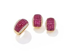 A RUBY AND DIAMOND DRESS RING AND EARRINGS