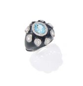 A DIAMOND, AQUAMARINE AND ENAMEL DRESS RING