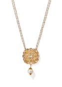 A DIAMOND, ENAMEL, SEED PEARL AND CULTURED PEARL KUNDAN PENDANT