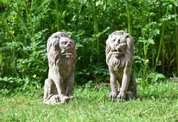 A PAIR OF CARVED VERONA ROSSO LIONS, 20TH CENTURY