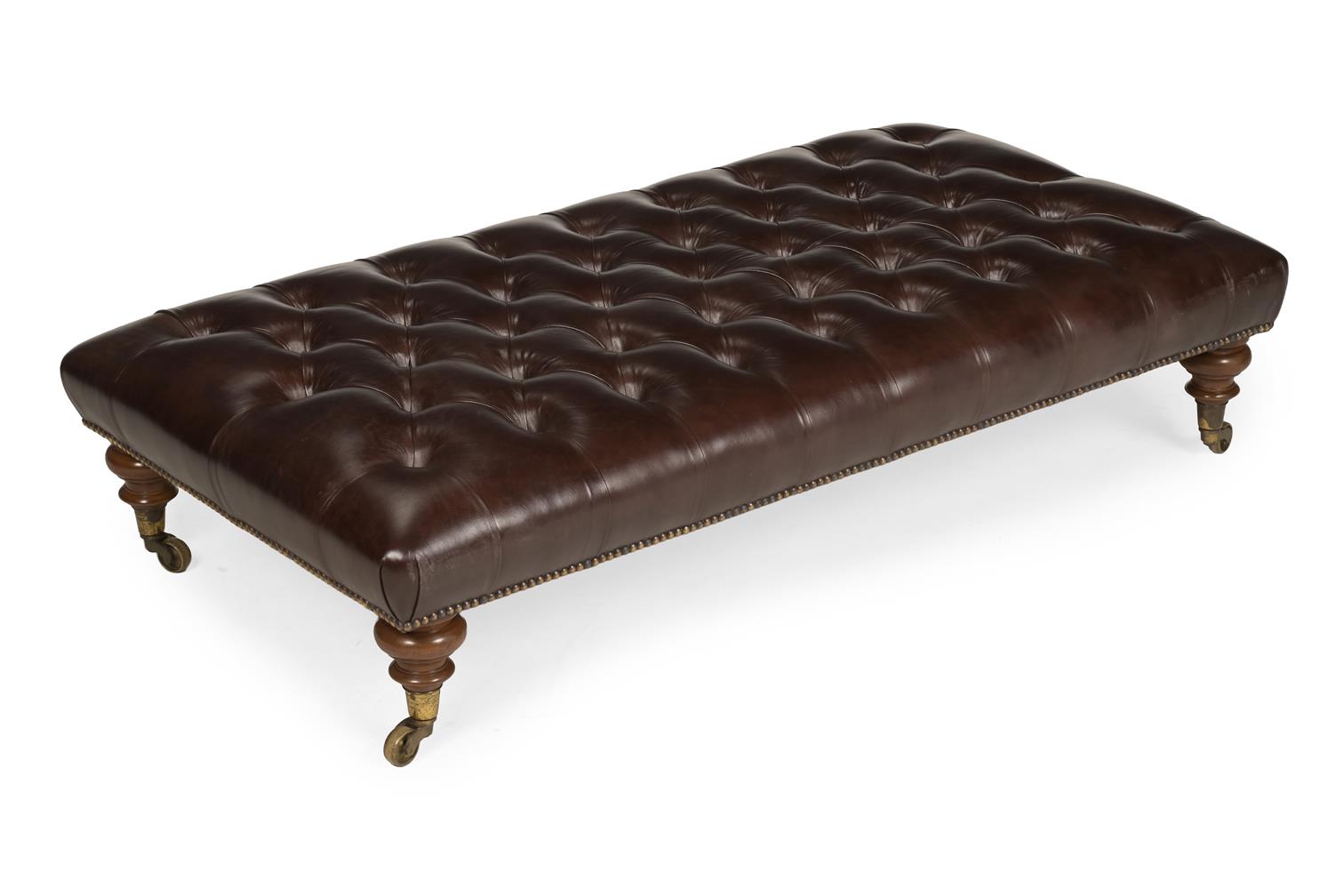 A LARGE VICTORIAN WALNUT AND BUTTONED LEATHER UPHOLSTERED STOOL OR HALL SEAT, CIRCA 1870