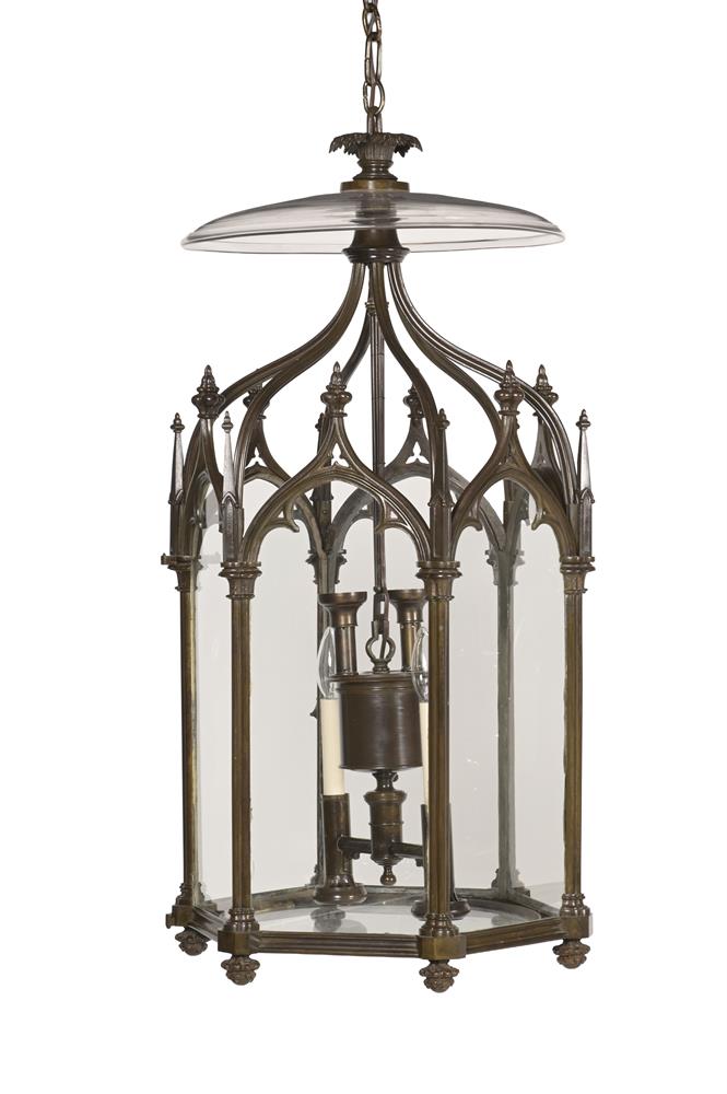 A LARGE BRONZE GOTHIC HEXAGONAL HALL LANTERN, EARLY 19TH CENTURY