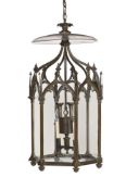 A LARGE BRONZE GOTHIC HEXAGONAL HALL LANTERN, EARLY 19TH CENTURY