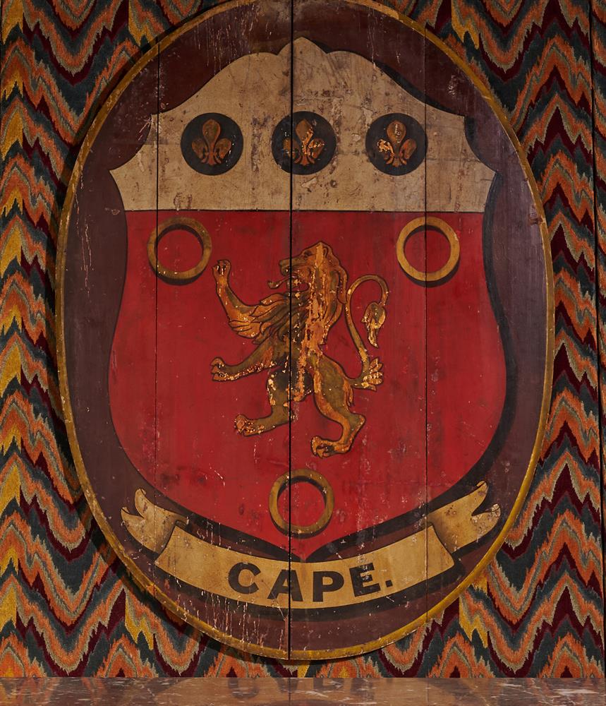 A LARGE POLYCHROME PAINTED AND PARCEL GILT COAT OF ARMS OF THE CAPE COLONY