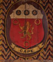A LARGE POLYCHROME PAINTED AND PARCEL GILT COAT OF ARMS OF THE CAPE COLONY