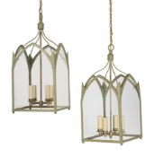 A PAIR OF GREEN PAINTED GOTHIC HALL LANTERNS, IN GEORGE III STYLE, 20TH CENTURY