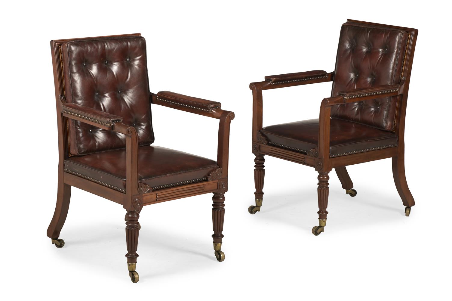 A PAIR OF REGENCY MAHOGANY LIBRARY BERGERE ARMCHAIRS, ATTRIBUTED TO GILLOWS, CIRCA 1815
