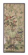 A LARGE FRAGMENT OF POLYCHROME PAINTED CHINOISERIE WALLPAPER, PROBABLY CANTON, 18TH CENTURY